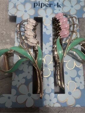 Piper K Green Pink Floral Leaf Hair Clips - Set of 2